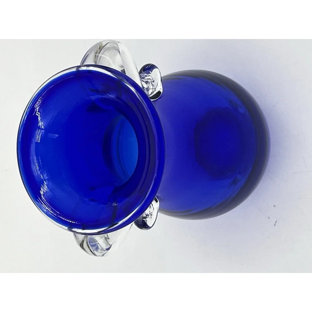 Vintage Cobalt Blue Vase Glass Bouquet With Applied Clear Glass Handles EUC